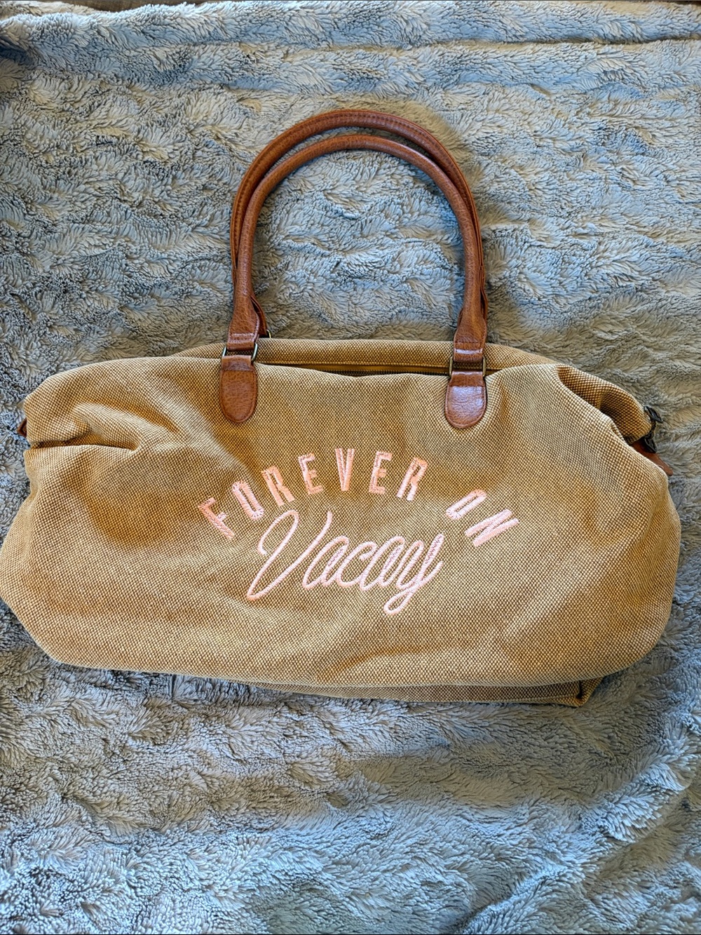 Billabong Canvas Tote Bag with 'Forever on Vacay' Embroidery - Brown